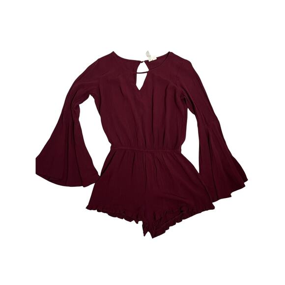 Others Follow Romper XS Bell Sleeve Boho Festival Casual Anthropologie Burgundy - Picture 2 of 10
